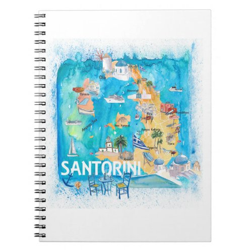 Santorini Greece Illustrated Map with Main Roads Notebook