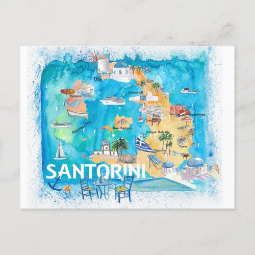 Santorini Greece Illustrated Map with Main Roads  Postcard
