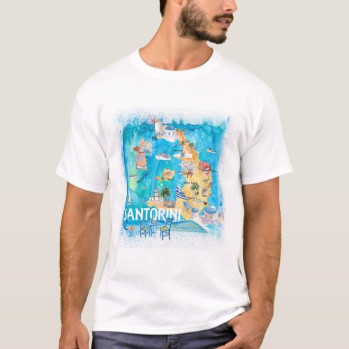 Santorini Greece Illustrated Map with Main Roads T_Shirt