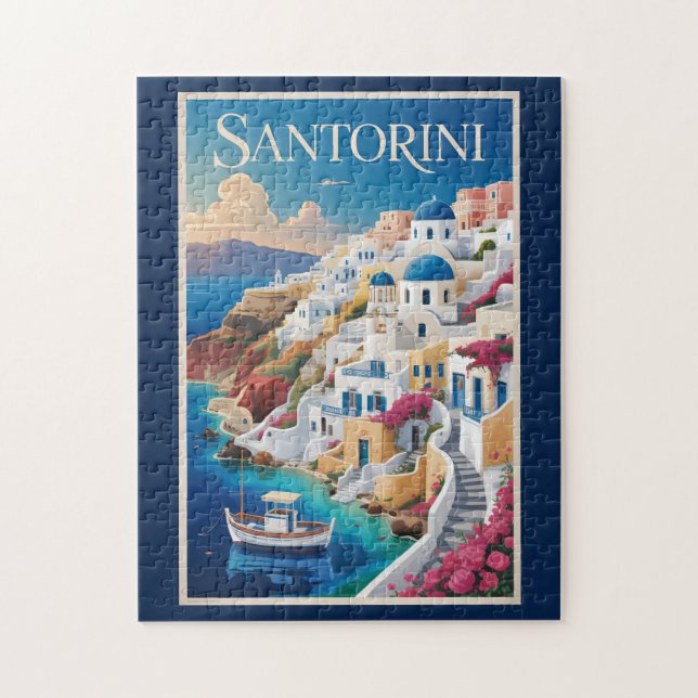 Santorini Greece Illustration Travel Art Vintage Jigsaw Puzzle (Vertical)