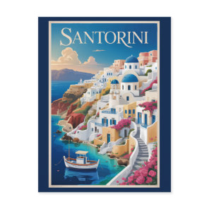 Santorini Greece Illustration Travel Art Vintage Postcard