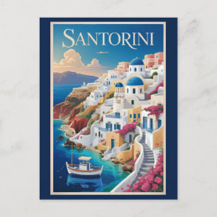 Santorini Greece Illustration Travel Art Vintage Postcard