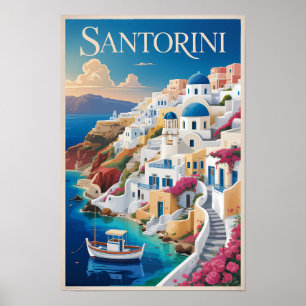 Santorini Greece Illustration Travel Art Vintage Poster
