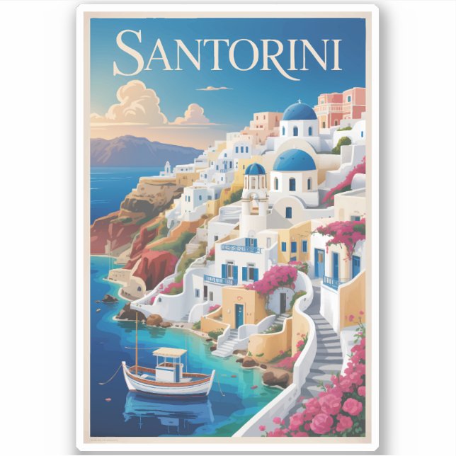 Santorini Greece Illustration Travel Art Vintage Sticker (Front)