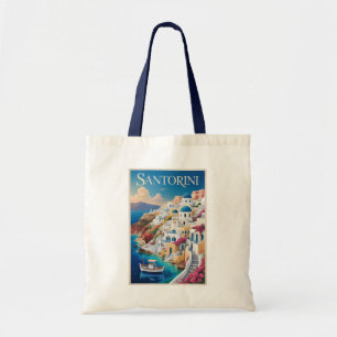 Santorini Greece Illustration Travel Art Vintage Tote Bag