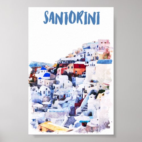 Santorini Greece Illustration Watercolor Poster