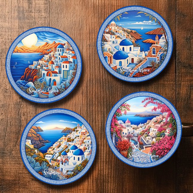 Santorini Greece Island Painting | Travel Art  Coaster Set (Santorini Greece Island Painting | Travel Art Coaster Set)