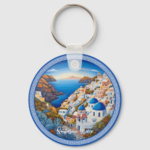 Santorini Greece Island Painting Travel Art Keychain