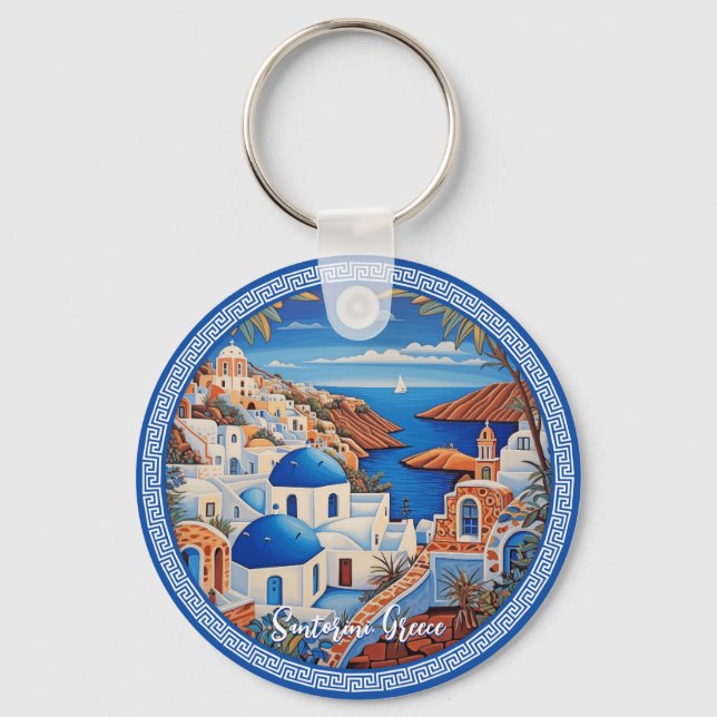 Santorini Greece Island Sea Painting | Travel Art  Keychain (Front)