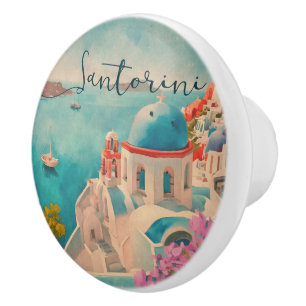 Santorini Greece Island Watercolor Travel Souvenir Ceramic Knob
