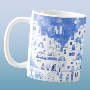 Santorini Greece Monogram Watercolor Coffee Mug