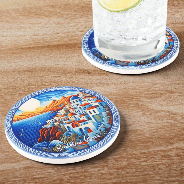 Santorini Greece Painting | Travel Art  Coaster (Santorini Greece Painting | Travel Art Coaster)