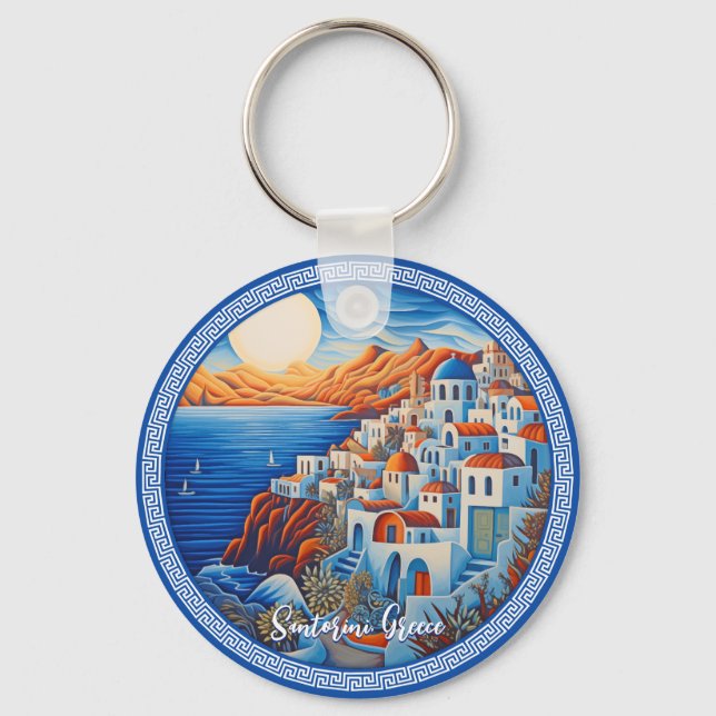Santorini Greece Painting | Travel Art  Keychain (Front)