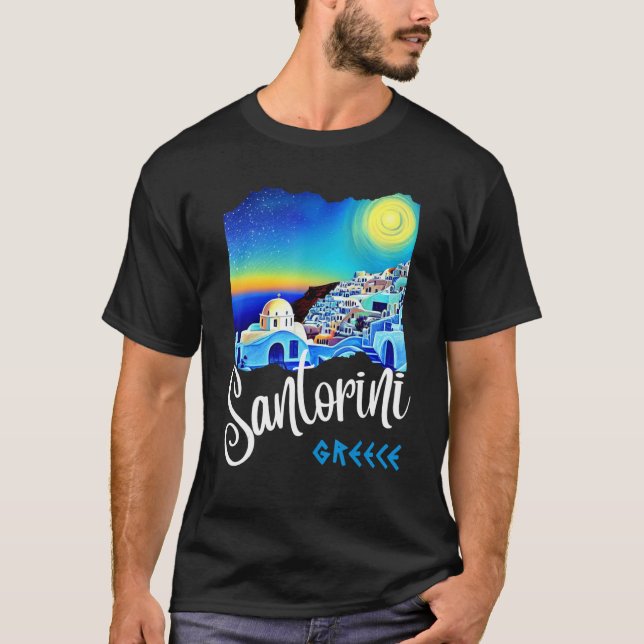 Santorini Greece Painting Travel Souvenir For Men  T-Shirt (Front)