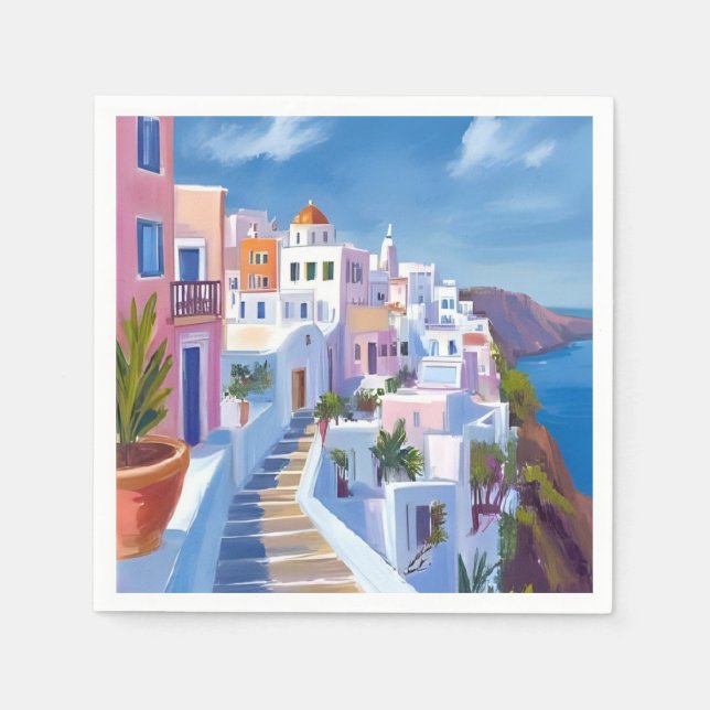 Santorini Greece Painting Watercolor Travel Napkins (Front)