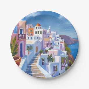Santorini Greece Painting Watercolor Travel Paper Plates