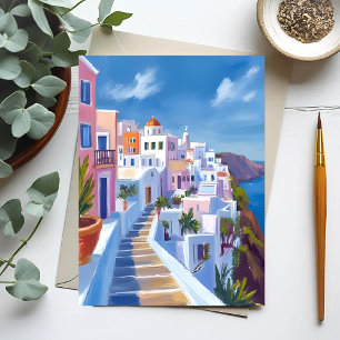 Santorini Greece Painting Watercolor Travel Postcard