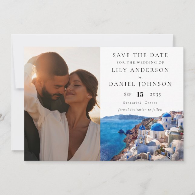 Santorini Greece Photo Destination Wedding Save The Date (Front)