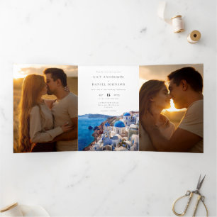 Santorini Greece QR Code 3 Photo Wedding Tri-Fold Invitation