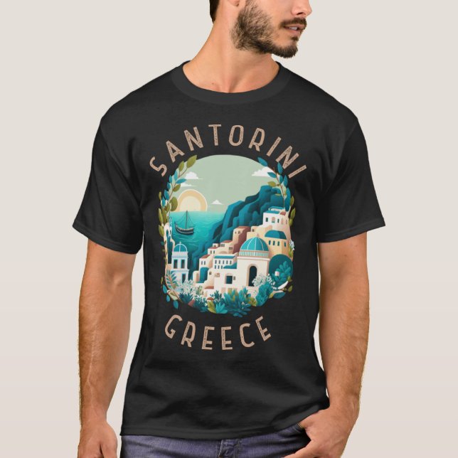 Santorini Greece Retro Distressed Circle T-Shirt (Front)
