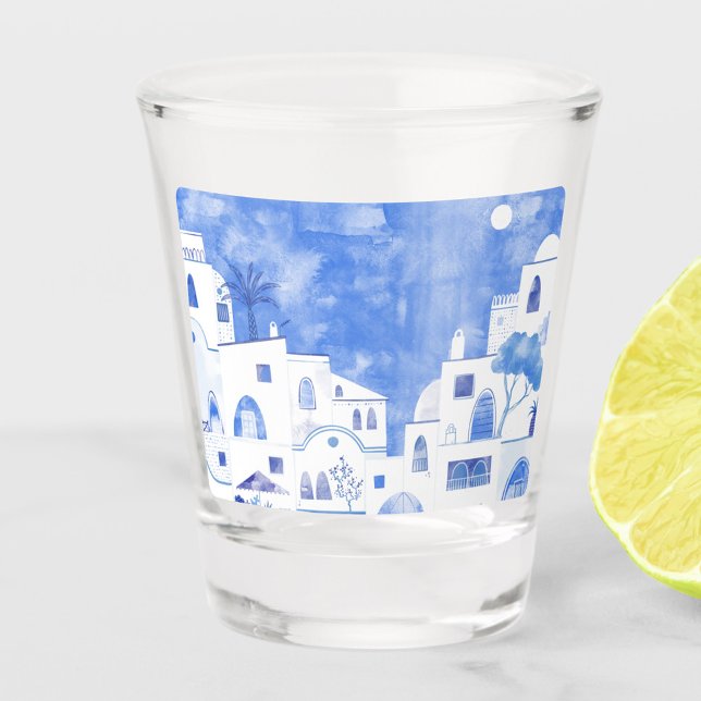 Santorini Greece Shot Glass (Shot glass featuring a blue and white watercolor painting of Santorini)