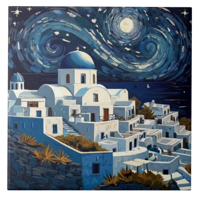 Santorini, Greece Starry Night - Greek Island Art Ceramic Tile (Front)