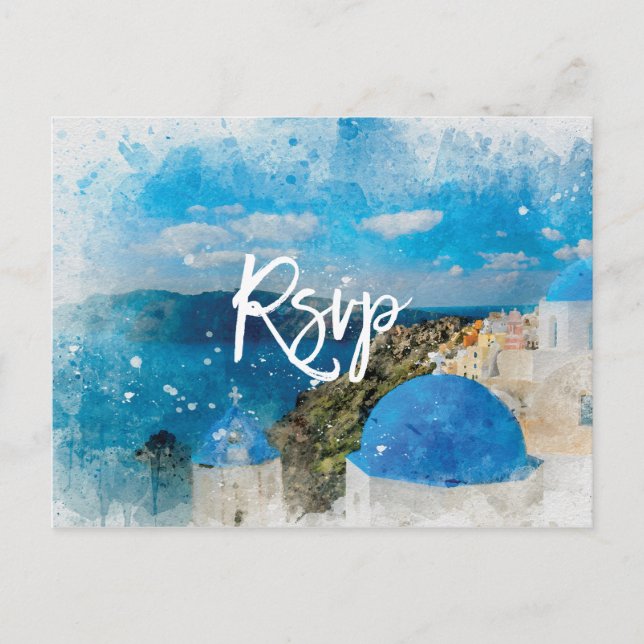 Santorini Greece summer wedding rsvp postcard (Front)