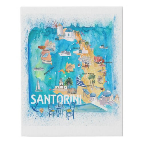 Santorini Greece Travel Map Faux Canvas Print