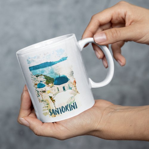 Santorini Greece Travel Watercolor   Coffee Mug