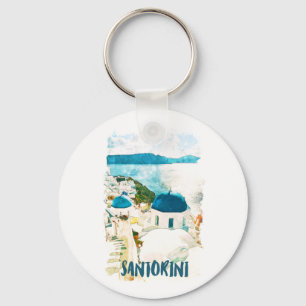 Santorini Greece Travel Watercolor Keychain