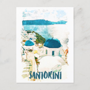 Santorini Greece Travel Watercolor Postcard