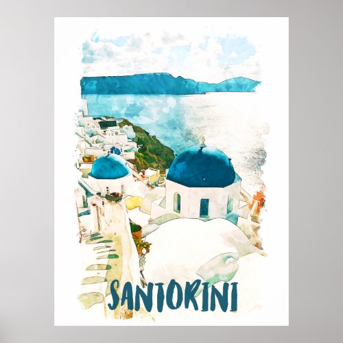 Santorini Greece Travel Watercolor Poster