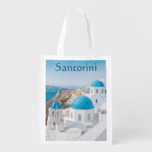 Santorini, Greece village with blue domes Grocery Bag