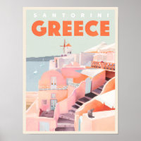 Santorini, Greece Vintage Travel Art Greek Poster