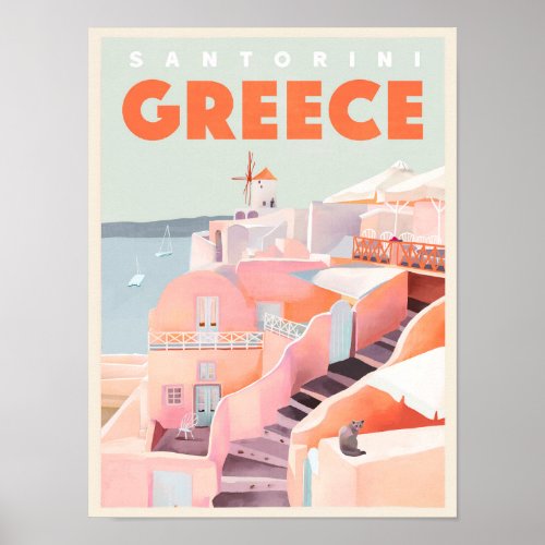 Santorini Greece Vintage Travel Art Greek Poster
