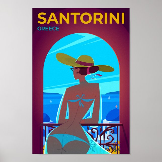 Santorini Greece Vintage Travel Illustration Poster (Front)
