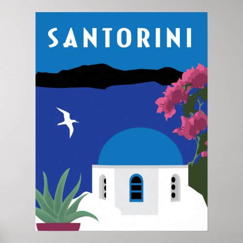 Santorini Greece vintage travel style illustration Poster