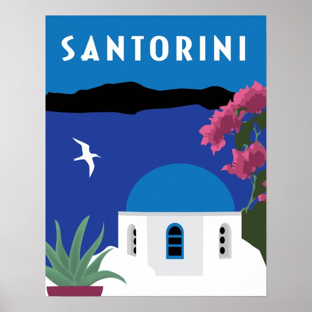 Santorini Greece vintage travel style illustration Poster (Front)