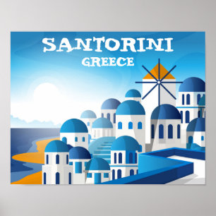Santorini Greece VIntage Watercolor Poster