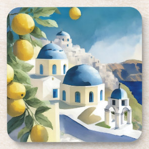 Santorini Greece Watercolor Beverage Coaster