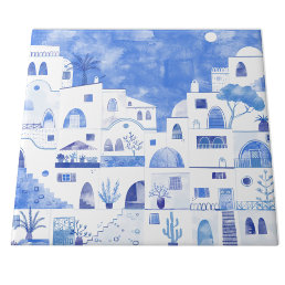 Santorini Greece Watercolor Blue and White Ceramic Tile