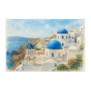 Santorini Greece Watercolor Blue Dome Church Art