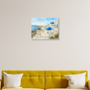 Santorini Greece Watercolor  Blue Dome Church Art Acrylic Photo Tile