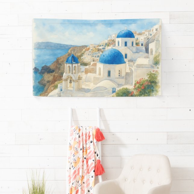 Santorini Greece Watercolor  Blue Dome Church Art Banner (Insitu)