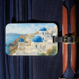 Santorini Greece Watercolor Blue Dome Church Art Luggage Tag