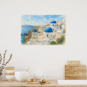 Santorini Greece Watercolor Blue Dome Church Art Poster