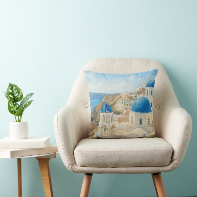 Santorini Greece Watercolor Blue Dome Church Throw Pillow (Chair)