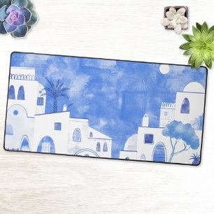 Santorini Greece Watercolor Blue White Desk Mat