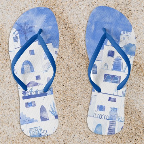 Santorini Greece Watercolor Blue White Flip Flops