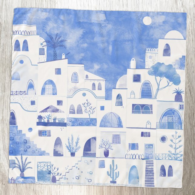 Santorini Greece Watercolor Blue White Scarf (Santorini Oia Greece watercolor art blue and white chiffon scarf)